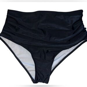 ☀️ NWOT Womens Black Bikini Bottom High Waist Ruched Sides Shirred Tummy Sz Med